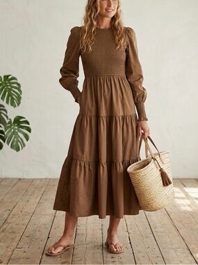 CUPSHE Brown Smocked Tiered High Neck Long Sleeve Maxi Dress